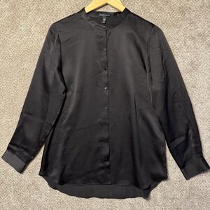 Eileen Fisher Black 100% Silk Georgette Crepe Mandarin Collar Shirt Small